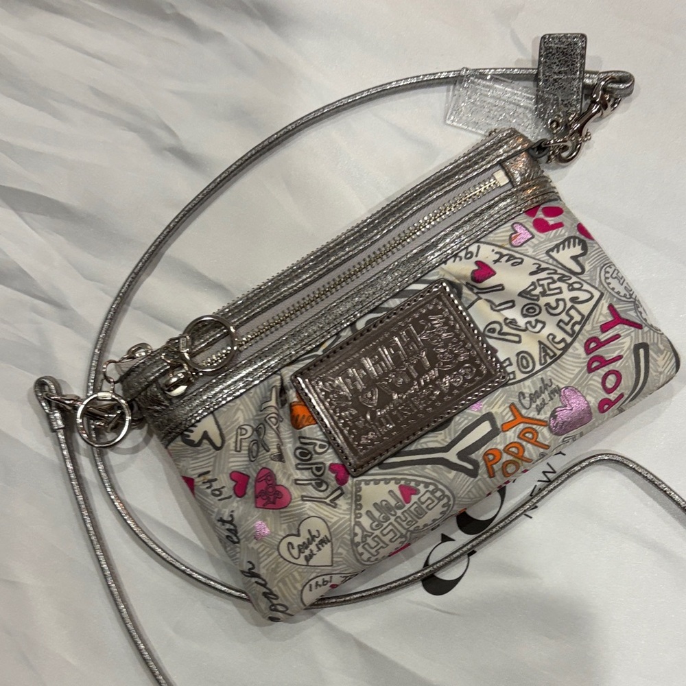 Coach Poppy Printed Leather Crossbody in White with Silver Trim and Pink Accents